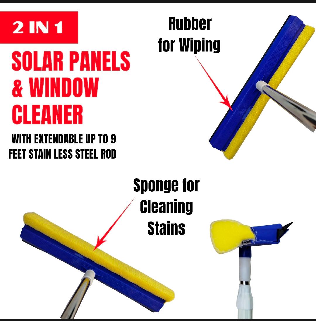 Solar Panel & Window Cleaning 2-in-1 Sponge and Rubber Wiper with Stainless Steel Extendable Long Rod - For Solar Panel, Window & Glass Wash