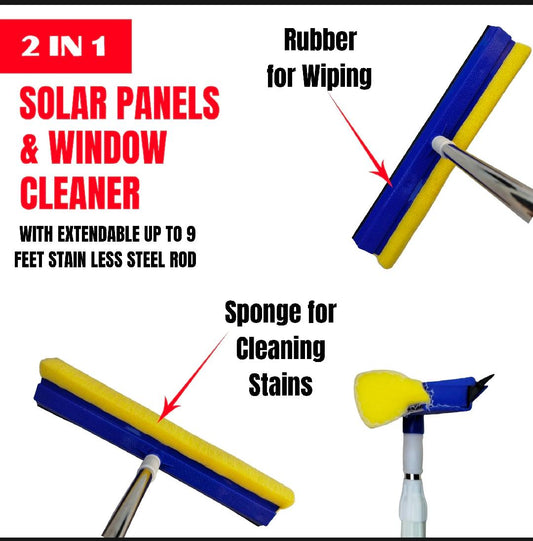 Solar Panel & Window Cleaning 2-in-1 Sponge and Rubber Wiper with Stainless Steel Extendable Long Rod - For Solar Panel, Window & Glass Wash