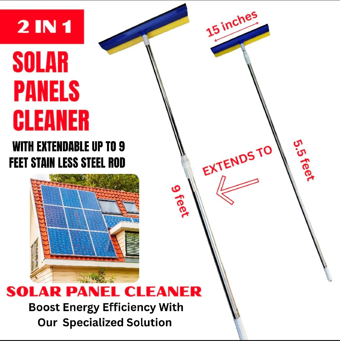 Solar Panel & Window Cleaning 2-in-1 Sponge and Rubber Wiper with Stainless Steel Extendable Long Rod - For Solar Panel, Window & Glass Wash