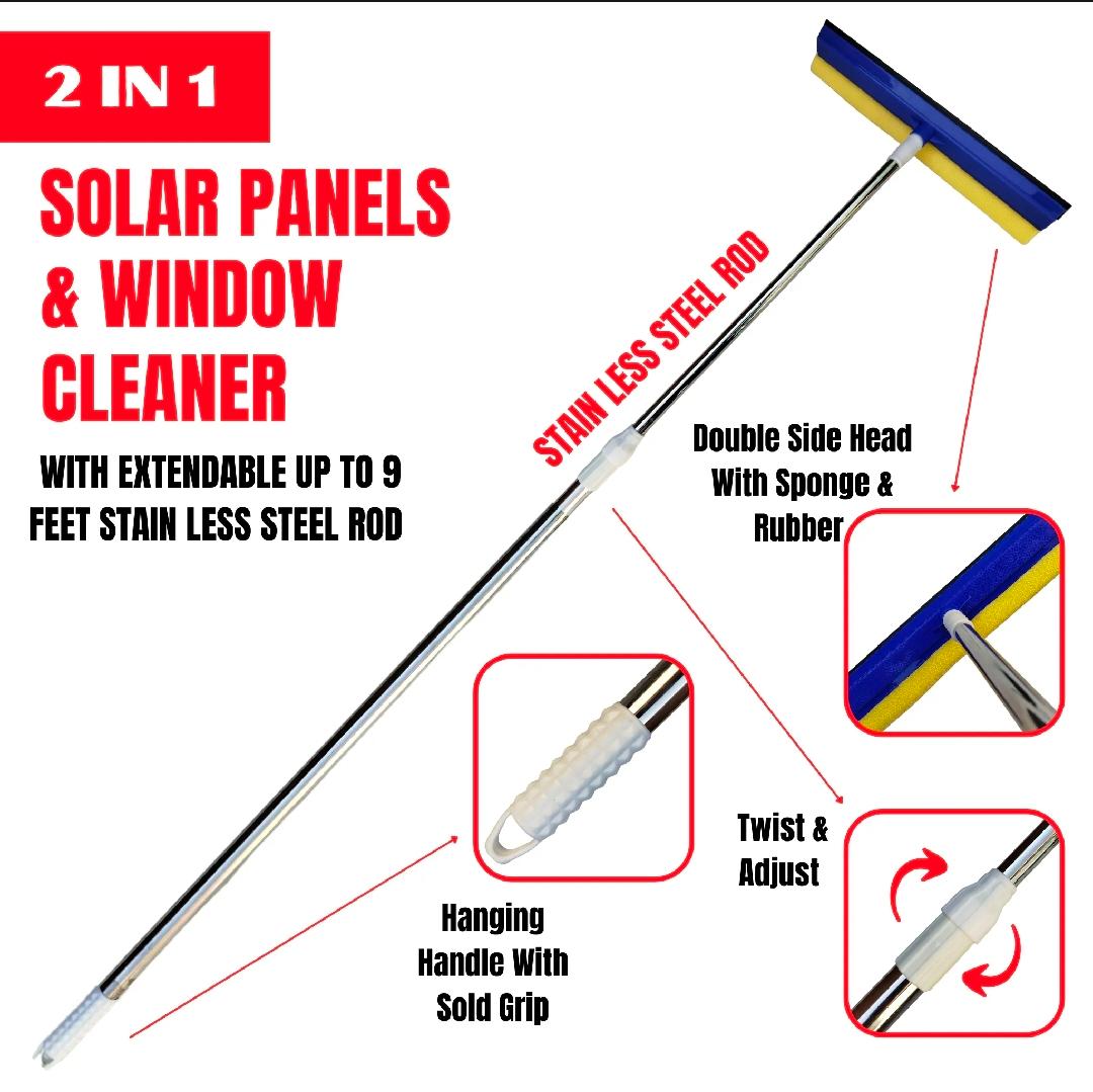 Solar Panel & Window Cleaning 2-in-1 Sponge and Rubber Wiper with Stainless Steel Extendable Long Rod - For Solar Panel, Window & Glass Wash