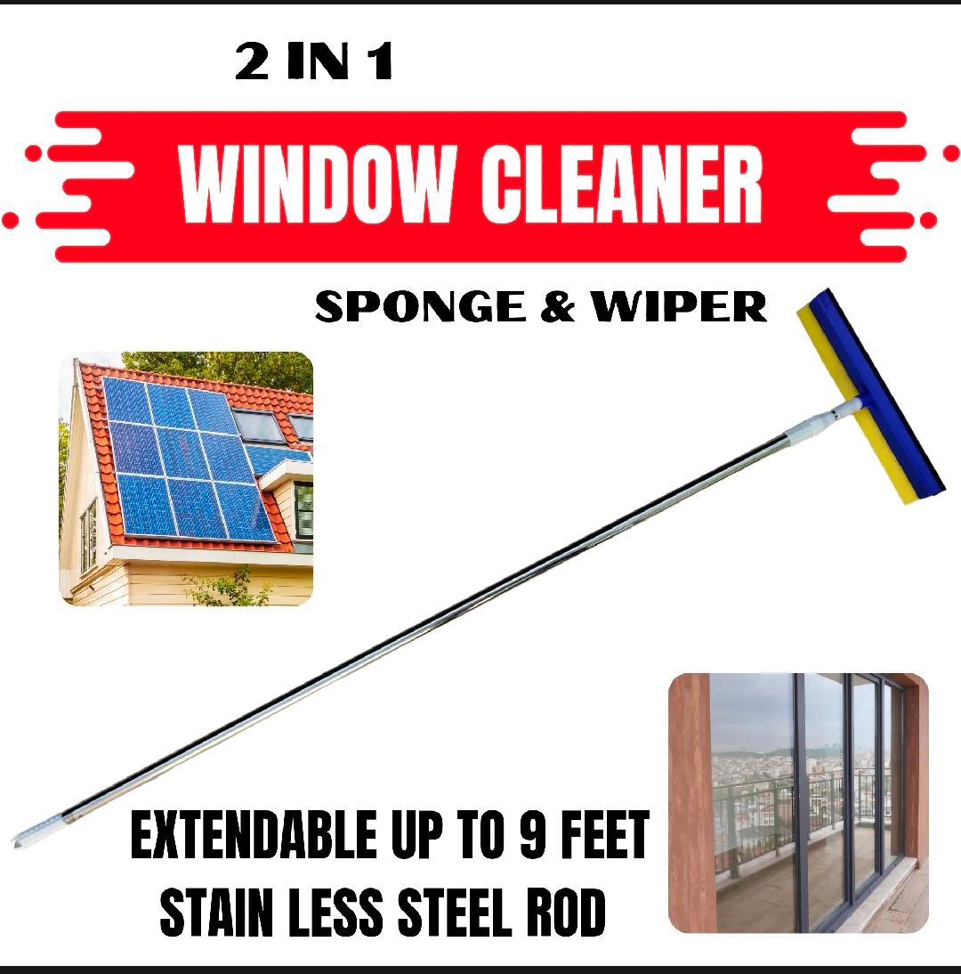 Solar Panel & Window Cleaning 2-in-1 Sponge and Rubber Wiper with Stainless Steel Extendable Long Rod - For Solar Panel, Window & Glass Wash