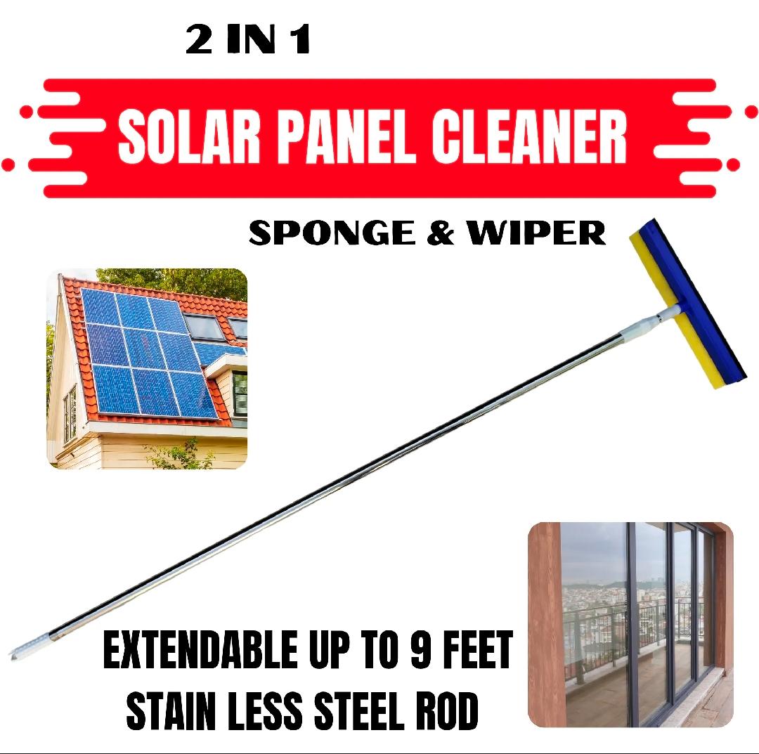 Solar Panel & Window Cleaning 2-in-1 Sponge and Rubber Wiper with Stainless Steel Extendable Long Rod - For Solar Panel, Window & Glass Wash