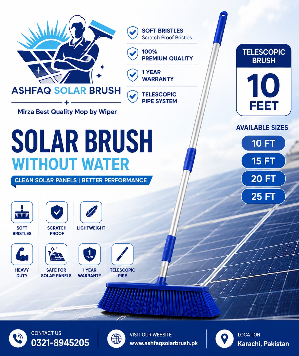 Solar Brush 10 Feet Steel pipe without water , with wiper blade